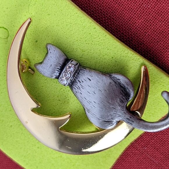Vintage cat brooch gold metal rhinestone collar - Picture 4 of 4